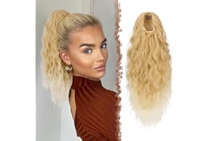 FESHFEN Coda Posticci per Capelli con Coulisse, 45 cm Lunga Coda di Cavallo Extension Ondulata Ricci Posticci Sintetici Capelli Ponytail Extensions per Donna, Biondo Chiaro