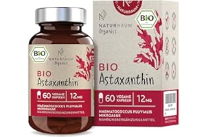 ‎NATURRAUM Bio Astaxanthin 12 mg I Vegan I 60 Kapseln im Glas I natürliches Antioxidant aus Haematococcus Pluvialis Mikroalge I Optimierte Bioverfügbarkeit mit Olivenöl I ohne Zusätze VERKÜRZTES MHD 02/2025