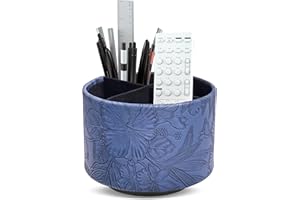 Czzmy Round Pen Holder, Leather, 360° Rotatable, Remote Control Holder, Rotating Bedside Table, TV Remote Control, Desk Organiser for Pens, Office Supplies, Storage Box (1 Blue Carved