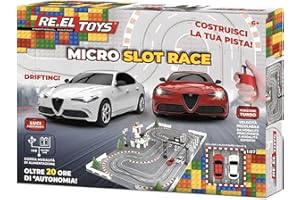 RE-EL Toys - Micro Slot - Pista slot car in scala 1:87 con 2 Alfa Romeoo Giulia Quadrifoglio con luci e funzione turbo - Con accessori da assemblare - 0910