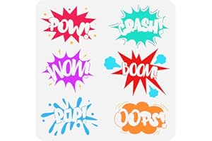 FINGERINSPIRE Stencil con testo comico, 30 x 30 cm, in plastica PET, stencil quadrato per disegni a tema fumetto WOW BOOM OOPS POW CRASH POP Words stencil a tema fumetto stencil quadrato per cartelli