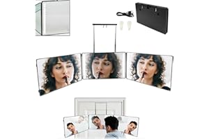 Auptiz Specchio Pieghevole a 3 Vie, con Staffe Regolabili in Altezza, Specchio 360 da Appendere, Luminosità Regolabile Portatile, per Trucco, Styling, Specchio da Barba- Alimentazione Usb