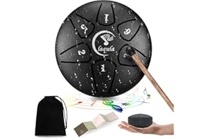 LAQULA Mini Stalowy Bęben Językowy 3 Cale 6 Nut Instrument Perkusyjny z Książką Muzyczną Torba na Młotek do Medytacji Joga Rozrywka Edukacja Muzyczna (Czarny)