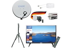 SCHWAIGER TVSET1 SAT Camping Set inkl. TV 22 Zoll HD+ Satellitenschüssel Single LNB Koaxialkabel 10m Dreibeinstativ SAT-Finder Stahl-Antenne 42x42cm