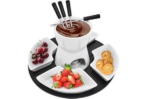 MoYouno Ceramic Chocolate Fondue Pot Set,Cheese Fondue Sets-with 4 Forks and 4 Dishes,Ceramic Butter Warmer Set,Non Electric Fondue Set Heated with a Tealight,for Cheese Caramel (White)