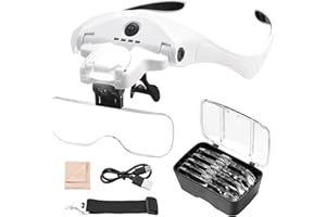 Lupa con Luz Anpro, 5 Lentes Desmontables (1X-3.5X), 4 LED con Brillo Ajustable, Lente de Aumento con Diadema Adicional para Trabajos Cercanos, Reparación de Joyas, Relojería, Manualidades.