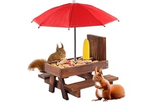 PRITOK Wooden Squirrel Picnic Table with Umbrella and Corn Rack - Outdoor Feeding Station for Chipmunk and Bird (Brown)