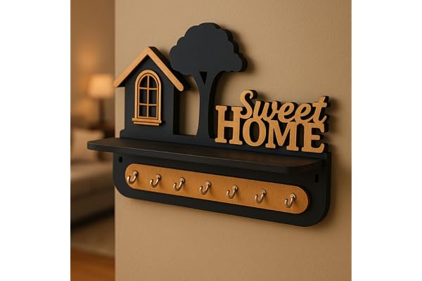 D Unique Home Decor Premium 3D Wooden Key Holder with 6 Stainless Steel Hook for Living Room Wall Decor