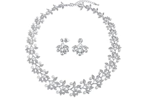 BLING JEWELRY Bridal Jewelry Set Art Deco Vintage Estate Style Cubic Zirconia Marquise Leaf Teardrop AAA CZ Statement Cleavage Choker Necklace & Chandelier Dangle Clip On Or Pierced Earrings for Women Pageant