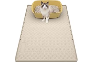 BLESWIN Grand tapis de litière de chat 86cmx56cm, Tapis de piégeage de litière de chat pour la boîte à litière, Tapis en silicone imperméable pour le sol, Facile à nettoyer, Beige