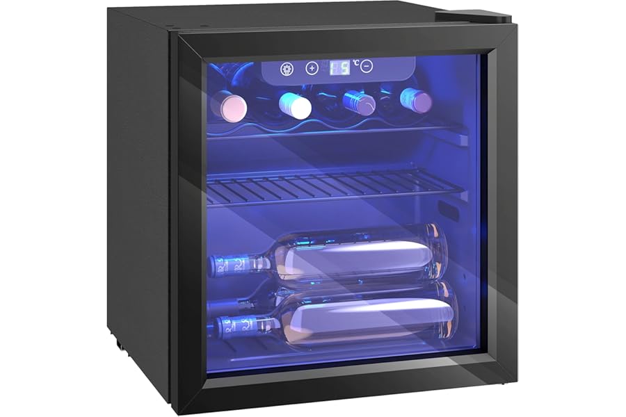 HOMCOM Refrigerated Wine Cellar, 12 Bottles 36L, Adjustable Temperature 4-16°C with Anti-UV Glass, Shelves, Compressor, Touch Display, LED Lights, Class G, Black