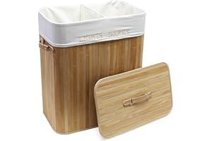 Panier à linge en bambou naturel 150L Sac en lin Corbeille Bac à linge Panier de rangement Pliable