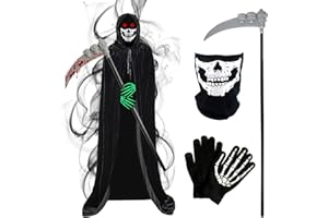 JOYUE Kostium Żniwiarza na Halloween, zestaw kostiumowy, kosa, szkielet, sierp, maska na Halloween, rękawiczki, maska z czaszką, peleryna z kapturem, dla dorosłych, Halloween, Cosplay, 150