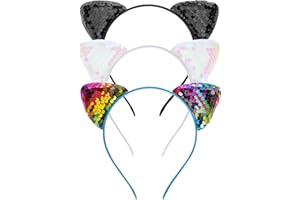 DIMEHO 3 Pack Reversible Sequin Cat Ears Headband Shiny Cat Ear Hair Hoops Cute Bling Kitty Hairbands Festival Decoration Hair Accessories for Women Girls Party Halloween