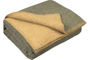 LYHome Koc Wełniany Merino - Pled z Wełny Owczej, Koce Wełniane na Piknikowy Podróżny Turystyczny Wojskowy i Domowe, Pledy Bardzo Ciepłe (130x170 cm | Oliwkowy Zielony - Musztarda Dwustronny)