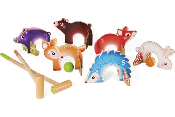 Janod - Jeu de Croquet en Bois Animaux de la Foret - Jeu de Plein Air - Dès 3 Ans J03207, Multicolore