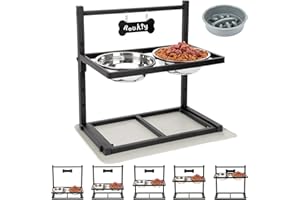 ADENGL Elevated Dog Bowls with Slow Feeder, 5 Adjustable Heights, Anti-Slip, Durable Metal Frame, Spill Proof Mat, Rust-Resistant Bowls, Easy to Clean
