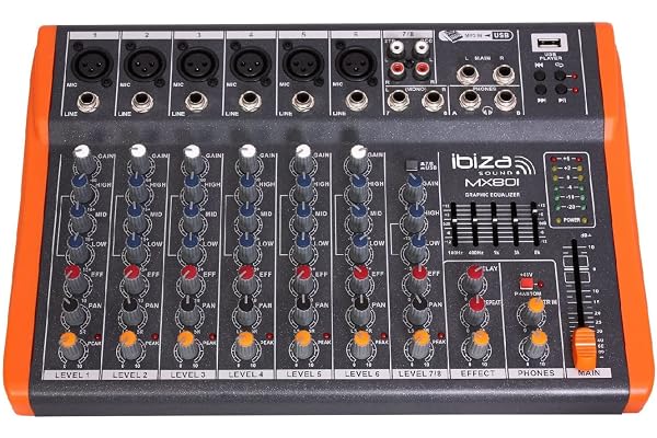 Ibiza - MX801 - Table de mixage complète semi-professionnelle à 6 canaux (égalisateur 5 bandes) avec entrées MONO, micros et lignes et sorties REC, RCA, casque et AUX - USB - Noir et orange