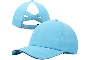 CHUANGLI Girls Criss Cross Ponytail Hat Reflective Lightweight Baseball Cap for Kids Quick Drying Mesh Sports Hat for Age 7-12