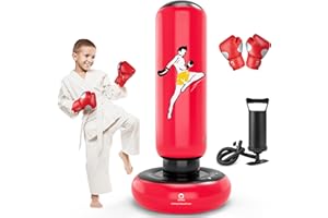 QPAU Sacco da boxe per bambini, giocattolo con guantoni da boxe, 167 cm, più grande, gonfiabile, regalo per ragazzi e ragazze dai 6 ai 12 anni, per praticare karate, taekwondo, MMA (rosso)