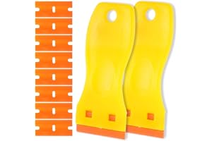 CARSLEEK 2-Pack Yellow Non-Scratch Plastic Scrapers, 8 Orange Replacement Razor Blades, Adhesive Sticker Decal Remover, House & Car Cleaning Tool for Glass, Cooktop, Oven, Stove, Remove Stain, Dirt, Paint,Glue