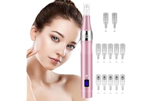 ‎VICLOON Vicloon Elektrisch Microneedling Pen, Drahtloser Elektrischer Dermapen Mikroneedling mit LCD Bildschirm und 5 Stufen, Einstellbar 0-2,5mm, Microneedle Haut Reparatur Tool (inkl.12 Nadelköpfe)-Rosa