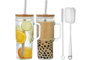 ALINK Lot de 2 gobelets de 710 ml avec poignée, couvercle et paille – Verres réutilisables pour café glacé, smoothies, bière, jus et thé – Couvercle blanc