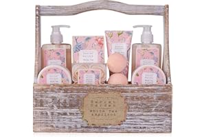 Accentra Zestaw prysznicowy dla kobiet, zestaw upominkowy w drewnianym koszu – 8-częściowy zestaw pielęgnacyjny z żelem pod prysznic, balsamem do ciała, dodatkami do kąpieli, peelingiem i kremem do