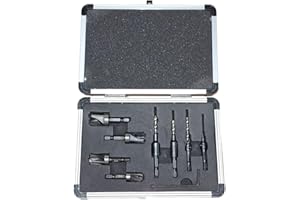 PROFESSIONAL TOOL INDUSTRIES PTI Matching Plug Cutter and Countersink 8 Piece Set 6,8,10,12mm Aluminium Case, Drill Bits for Wood working, wood cutter, hinge, dowel, carpentry, DIY