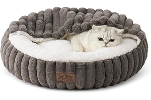 COZY KISS Cat Cave Bed with Hooded Blanket 50x50x15cm, Plush Donut Dog Bed for Small Dogs, Winter Warm Anxiety Relief Cave with Head Support, Faux Fur, Machine Washable, Grey