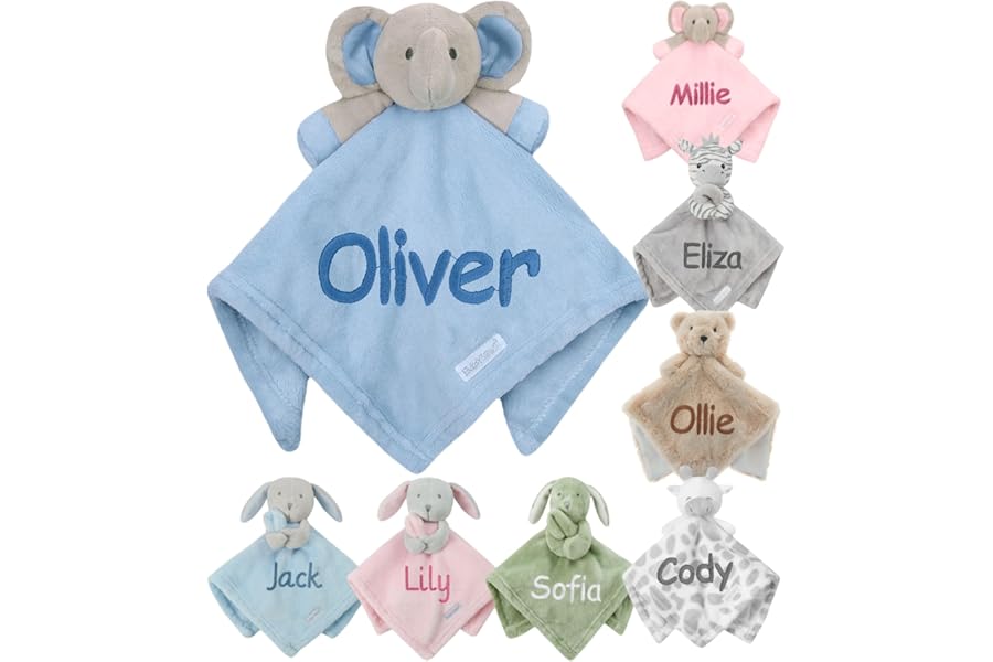 Personalised Baby Comforter Blanket Newborn Christening Shower Gift Boy Girl Keepsake Soft Snuggly Toy Blankie (Blue Elephant)