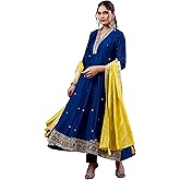 MOKOSH Women’s Silk Anarkali Suit Floral Thread & Sequin Embroidered Kurta Pant Dupatta Set Ethnic Wear