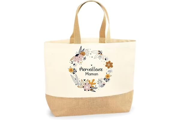 Sac Shopping "Merveilleuse Maman" avec Couronne de Fleurs – Sac en Toile de Coton et Jute Laminé, Dimensions 38x44x18 cm, Capacité 29L, Cadeau Idéal pour Maman
