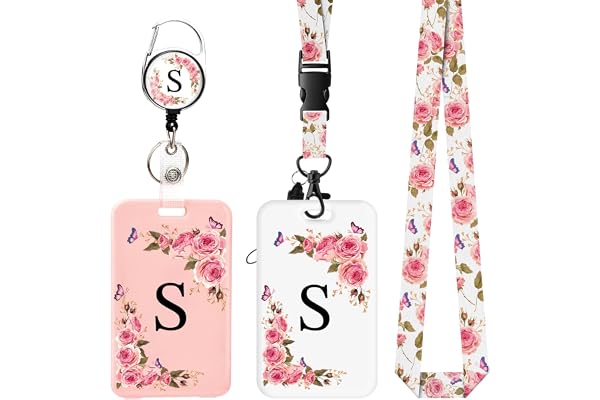 2 pièces Porte Badge avec Lettres A-Z, Lanière Détachable et Clip Rétractable, Porte Cartes Personnalisé avec Enrouleurs de Badge pour Femmes Infirmières Enseignants Étudiants Bureau (S)