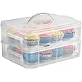 VonShef Cupcake Carrier with Handle, Two Tier Stackable Cup Cake Box, 24 Muffin Cake Carrier with Airtight Snap Lid, Clear Plastic Baked Goods Container