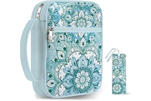 Hobbspring 1pc Bible Covers with Handle 30.5x22cm Lotus Large Zippered Carrying Book Case Turquoise Bible Protective with Pocket and Bookmarks for Bible Note Books Carrying Accessories Back to School