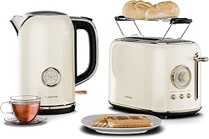 ‎KLARSTEIN Klarstein Victoria Toaster Wasserkocher Set, Retro Design, 2 Scheiben Toaster mit 7 Bräunungsstufen & Brötchenaufsatz, 1,7L Wasserkocher mit Kalkfilter, Frühstücksset, Cream