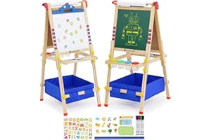 MAYCOLY Kids Easel Double-Sided Whiteboard & Chalkboard with Paper Roll Wooden Art Easel Adjustable Height Standing Drawing Board with Storage Bags Letters Numbers for Children Toddlers Boys and Girls