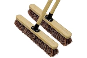 NOVOSTYL 18” Stiff Broom Outdoor Heavy Duty with Wooden Handle Natural Bassine Hard Bristle Yard Brush Factory Warehouse Floors Commercial and Industrial Broom Strong Wooden Brush (Pack of 2)