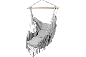 MalTec Wiszący Fotel z Poduszkiem, Krzesło Ogródowe, Huśtawka, Hamak Salonowy, na Taras, do Ogrodu, Jasnoszary, Obciążenie 120 kg, Zewnątrz i Wewnątrz