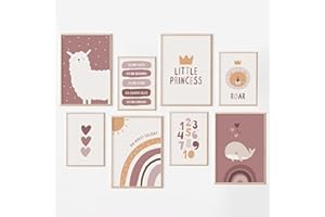 MeinBaby123® Poster Kinderzimmer | 8er Set DIN A4 & DIN A5 Poster Set | Wandbilder | Deko Bilder Kinderzimmer | Boho | Babyzimmer Deko | Wandposter Premium (Alpaka & Freunde rosa 8er Set)