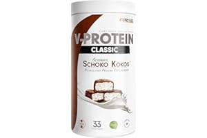 PROFUEL Wegański proszek białkowy czekoladowo-kokosowy 1 kg – V-PROTEIN – roślinny proszek białkowy na bazie białka grochu o zawartości 71% białka – optymalna wartość proteinowa – wegański shake proteinowy