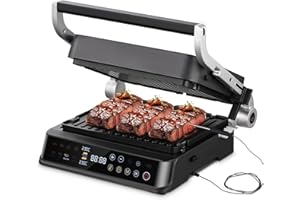 AMZCHEF parrilla eléctrica con 6 programas, función Sear hasta 280 °C, modo manual, sensor de temperatura, placas desmontables y bandeja para gofres. Ideal para carne, pescado, paninis y gofres