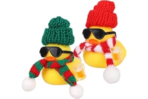 FUKAISU 2szt Gumowa Kaczka Świąteczna Ozdoby Samochodowe, Mini Dekoracja Deski Rozdzielczej Kaczka z Kapeluszem Szalikiem Okularami Przeciwsłonecznymi Kufliem Piwa do Dekoracji Samochód Dom Biuro