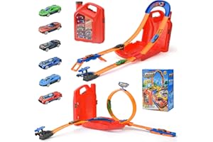 LTFIOON Piste de Course 2 en 1 avec Boîte Rangement Portable, Circuit Voiture Enfant avec 6 Voitures, Boucle et U-Track, Piste de Voiture, Jouet pour Enfant, Jouet Garçon Fille 3+ Ans (Rouge)