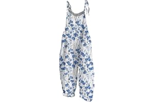 GUTOUWAN Jumpsuits For Women Uk Jumpsuits For Women 2025 Dressy Floral Print Casual Loose Vintage Shoulder Strap Suspender Jumpsuit Cotton Linen Baggy Overalls