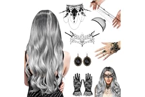 WYFDCZZP 9Pcs Peluca Mujer Halloween, Juego de Pelucas para Mujer, 70cm Ombre Gris Plata Largo Rizado, con Redecilla, Aretes, Gótica Pulseras, Peluca de Mu-jer para Carnaval, Fiestas Temáticas y Cosplay (A)