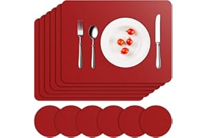 APLKER Placemats and Coasters Set of 6, Heat Insulation PU Leather Table Mats Waterproof Washable Dining Place Mats for Kitchen Indoor Outdoor Party - Red
