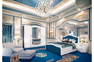 ARREDO DA CASA Stanza Da Letto Blu e Bianco Lucido Camera Matrimoniale Completa Comprensiva Di Letto Imbottito Alla Base e Sulla Testiera Due Comodini Ed Un Armadio a 4 Ante CDLI3