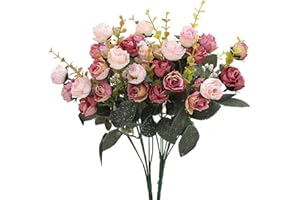 DOOLITT Powomuge Fiori Finti per Decorazioni, 21 Teste Di Foiri Artificiali, 2 Bouquets Fiori Artificiali per Decorazioni, Matrimoni E Abitazioni, Fiore Finto per Cimitero (Rosa)